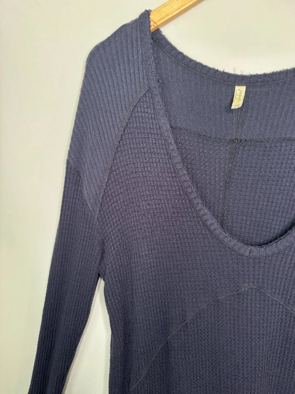 Free People Sunset Park Thermal Waffle Knit Tunic Womens L Wide Vneck Raw Edges